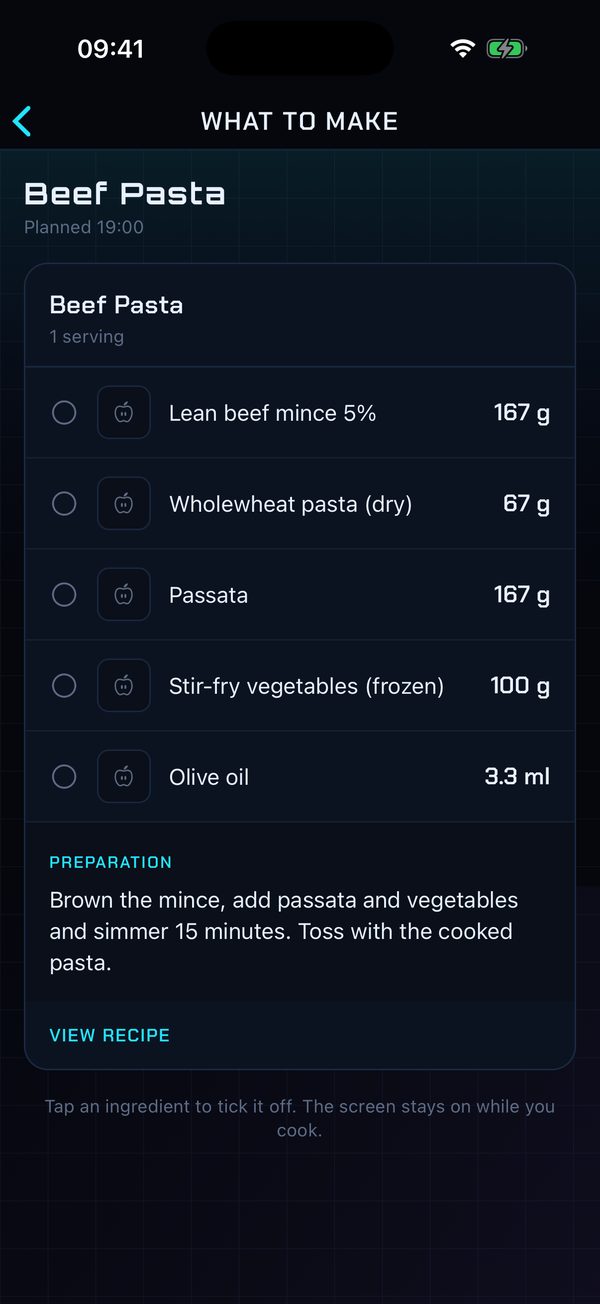 What to make: Beef Pasta's ingredients with amounts and the preparation
